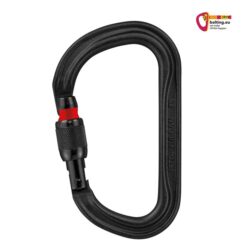 Schwarzer Petzl Vulcan Karabiner schwarz mit Screw Lock Verschluss und roter Sicherheitsmarkierung.