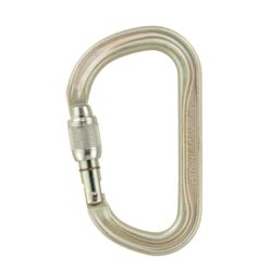 Das Bild zeigt einen silbernen Petzl Vulcan Stahlkarabiner mit Screw-Lock Verschluss.