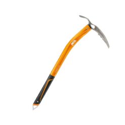 Das Bild zeigt den orange-schwarzen Petzl Summit Evo Eispickel schräg in einem weißem Quadrat.