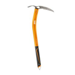 Das Bild zeigt den orange-schwarzen Petzl Summit Evo Eispickel aufrecht in einem weißem Quadrat.