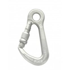 Das Bild zeigt den silbernen Fixe Draco Umlenkkarabiner Edelstahl mit dem Schraubmechanismus links.