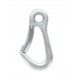 Das Bild zeigt den silbernen Fixe Draco Umlenkkarabiner verzinkt mit dem Schnapper nach links.