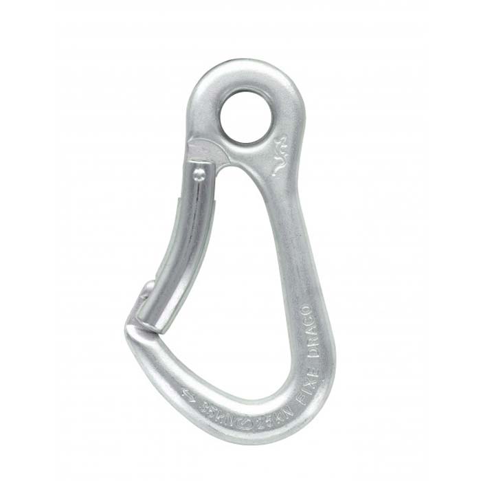 Das Bild zeigt den silbernen Fixe Draco Umlenkkarabiner verzinkt mit dem Schnapper nach links.