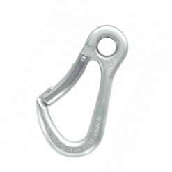 Das Bild zeigt den silbernen Fixe Draco Umlenkkarabiner verzinkt mit dem Schnapper nach links.