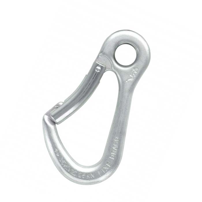 Das Bild zeigt den silbernen Fixe Draco Umlenkkarabiner verzinkt mit dem Schnapper nach links.