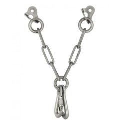 Das Bild zeigt den silbernen Fixe V-Umlenker Edelstahl mit zwei Draco Karabinern, einer ein Schrauber..