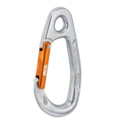 Das Bild zeigt den silbernen Petzl Tiptop Umlenkkarabiner mit orangem Schnapper.