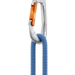 Das Bild zeigt die untere Hälfte eines Petzl Tiptop Umlenkkarabiners mit einem eingehängten blauen Seil.