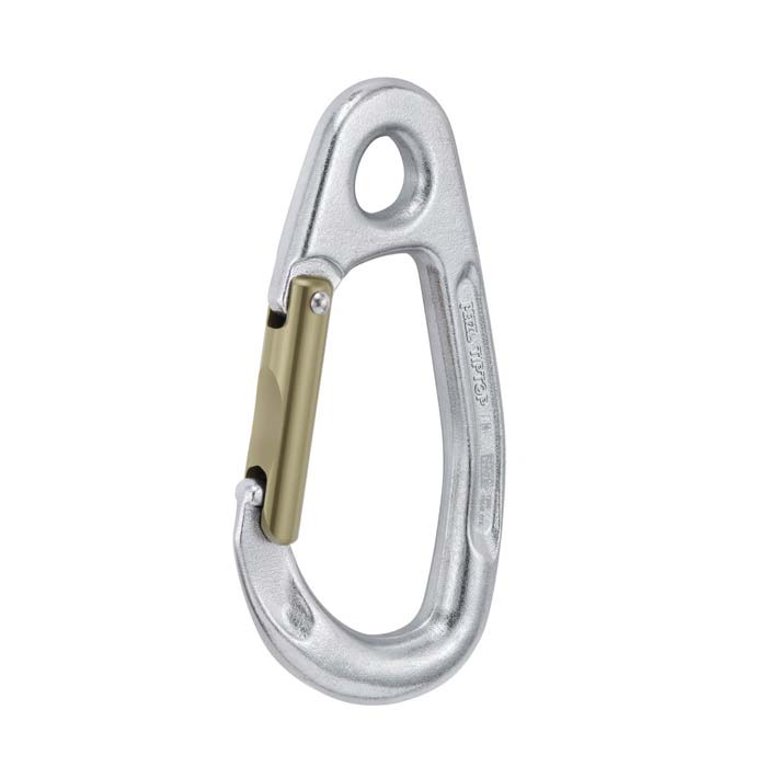 Das Bild zeigt den Petzl Tiptop stainless KArabiner von der Seite in einem weißem Quadrat.
