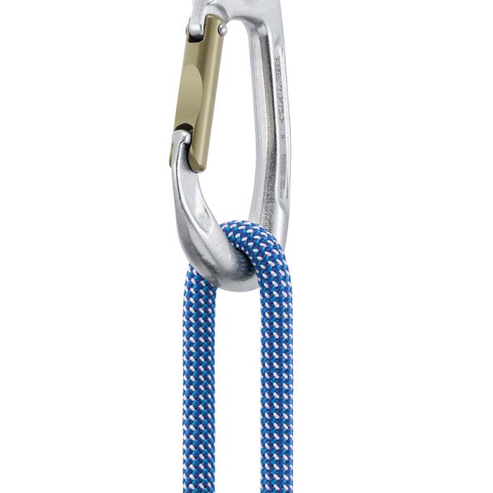 Das Bild zeigt den unteren Teil des Petzl Tiptop stainless Umlenkkarabiners mit eingehängtem blauen Seil.