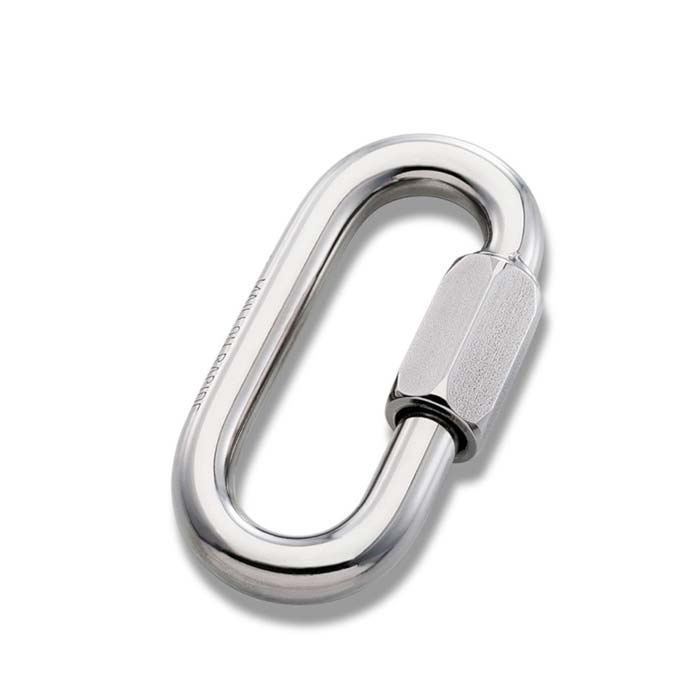 Das Bild zeigt ein silbernes Maillon Papide 10mm Schraubglied in einem weißem Quadrat. Die Schrauböffnung ist rechts.