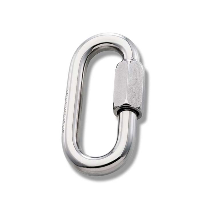 Das Bild zeigt ein silbernes Maillon Papide 10mm Schraubglied in einem weißem Quadrat. Die Schrauböffnung ist rechts.