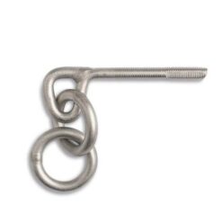 Ein langer Klebehaken mit Ring in silbergrau ist auf einem weißem Quadrat zu sehen, der Doppelring und die Öse sind links.