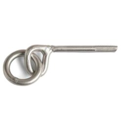 Ein langer Klebehaken mit Ring in silbergrau ist auf einem weißem Quadrat zu sehen, der Ring und die Öse sind links.