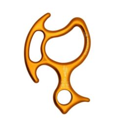 Das Bild zeigt den orangen Kong Oka-X Abseilachter in einem weißem Quadrat. MAn sieht alle Ösen und Haken am Abseilgerät.