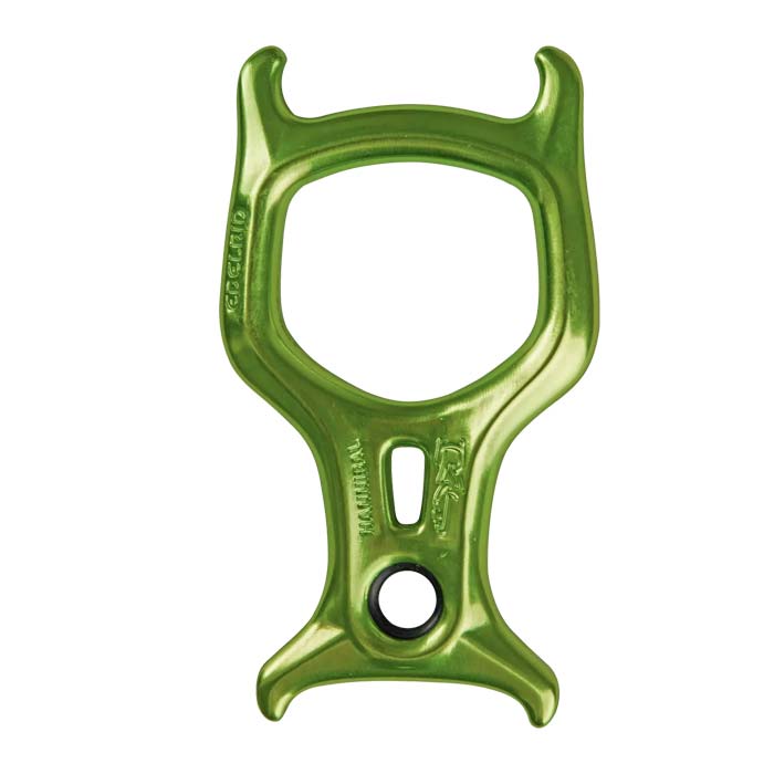 Das Bild zeigt den grünen Edelrid Hannibal Abseilachter senkrecht in einem weißem Quadrat. Der Abseilachter hat zwei Hörner an großer und kleiner Öse.