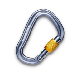 Das Bild zeigt einen lilafarbenen Black Diamond VaporLock Screwgate mit Schnapper rechts und gelbem Schraubverschluss auf einem weißem Quadrat.