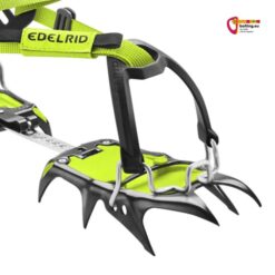 Frontteil des schwarz grünen Edelrid Shark Soft 12 Zack Steigeisen mit Frontzacken und Riemenbindung.