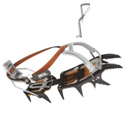 Das Bild zeigt das Petzl Sarken Steigeisen mit schwarzen Stahl, Bindung und orangen Anti-Stollenplatten auf der Unterseite.