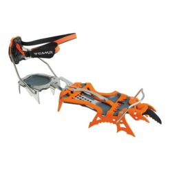 Das Bild zeigt das orange silberne Camp Blade Runner Steigeisen mit Kipphebel Bindung und Mono Frontzacken von der Seite.