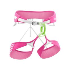 Das Bild zeigt den neon-pinken Edelrid Ace Klettergurt aufgespannt vor weißem Hintergrund. Man erkennt alle Schlaufen und Bänder sowie die Gurt Form.