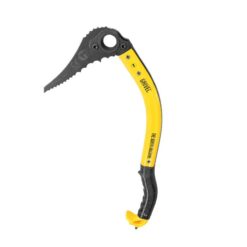 Das Bild zeigt das Grivel North MAchine Eisgerät mit schwarzer Klinge und gelbem Schaft von der Seite.