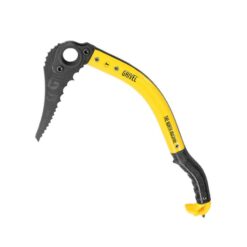 Das Bild zeigt das Grivel North MAchine Eisgerät mit schwarzer Klinge und gelbem Schaft von der Seite.