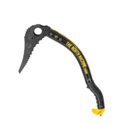 Das Bild zeigt das schwarze Grivel North MAchine Carbon Eisgerät mit der Klinge links oben und Schaft nach rechts unten.