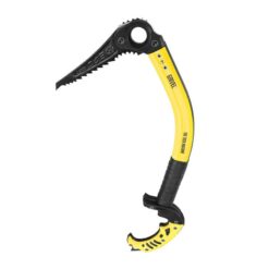 Das Bild zeigt das schwarz Gelbe Grivel Tech Machine Eisgerät aufrecht in einem weißem Quadrat.