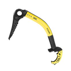 Das Bild zeigt das schwarz Gelbe Grivel Tech Machine Eisgerät schräg in einem weißem Quadrat.