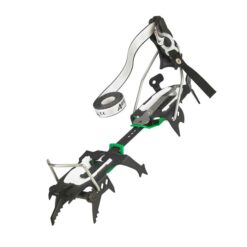 Ein schwarzes Austrialpin Skysteep Steigeisen mit Kipphebel Bindung und grüner Antistollen Platte.