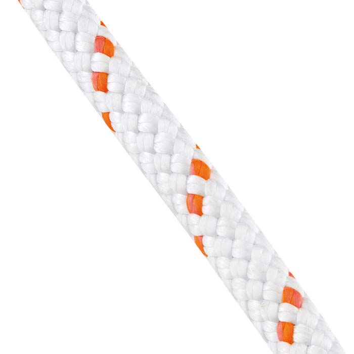 Große Detailaufnahme der Petzl Pur Line Reepschnur mit orangem Muster.