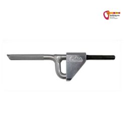 Silberner Klebehaken links steckt in einer SDS Plus Setzwerkzeug Fassung rechts.