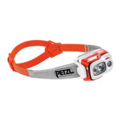Petzl Swift RL Orange graue Stirnlampe von der Seite.
