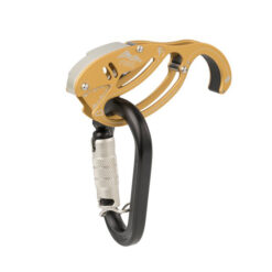 Goldenes Austrialpin Fish Sicherungsgerät mit schwarzem Karabiner.