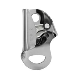 Graue Petzl Basic Steigklemme von der Seite mit schwarzem Sicherheitsbügel.