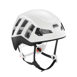 Schwarz weißer Petzl Meteor Kletterhelm von der Seite.