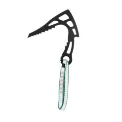 Schwarzer DMM Bulldog Eishaken mit grüner Bandschlinge von der Seite.