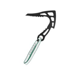 Schwarzer DMM Eishaken mit grüner Bandschlinge von der Seite.