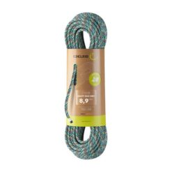 Buntes Edelrid Swift Eco Dry Seil mit Verpackung aufrecht in weißem Quadrat.