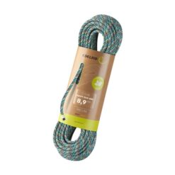 Buntes Edelrid Swift Eco Dry Seil mit Verpackung aufrecht in weißem Quadrat.