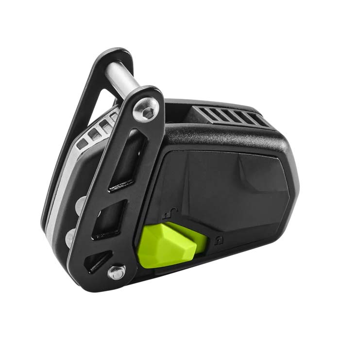 Schwarz - grünes Edelrid Fuse Auffanggerät von der Seite.