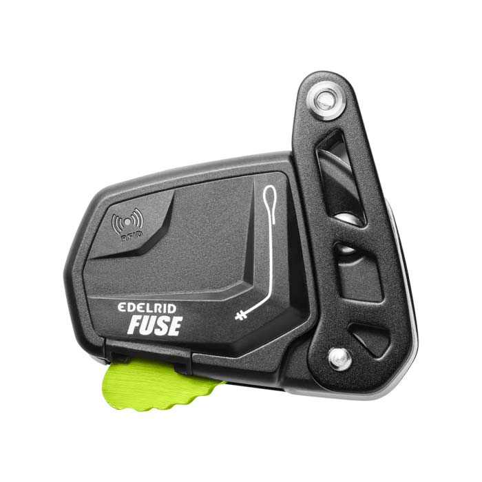 Schwarz - grünes Edelrid Fuse Auffanggerät von der Seite.
