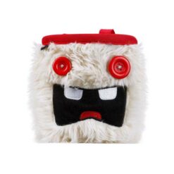 Weißes 8b+ Chalkbag Monster zwei roten Knopfaugen und schwarzem Maul.