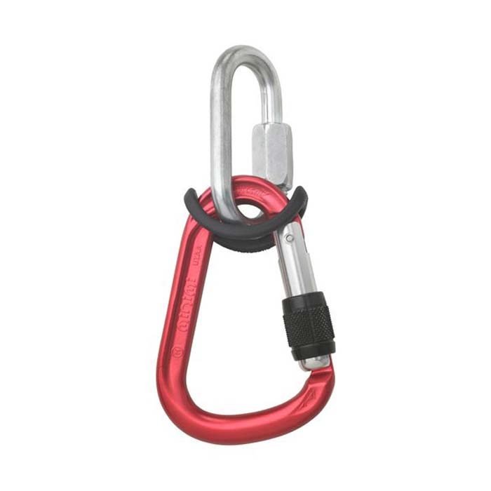 Austrialpin Nitro Karabiner Diebstahlschutz auf Rapidgled und rotem Schraubkarabiner montiert.