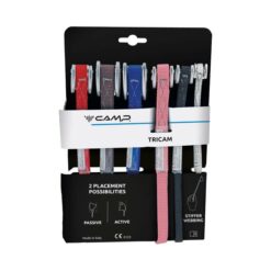 Schwarzer Karton mit sechs verschiedenfärbigen Camp Tricam Klemmkeilen mit Bandschlinge und Alu Kopf.