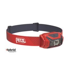 Rote Petzl Actik Stirnlampe von der Seite.