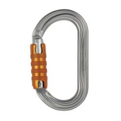 Silberner Petzl OK Triact Lock Karabiner mit orangem Schnapper.