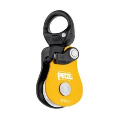 Schwarz-gelbe Petzl Spin L1 Seilrolle auf weißem Quadrat.
