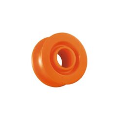 Orange Petzl Ultralegere Notfall Umlenkrolle in weißem Quadrat.